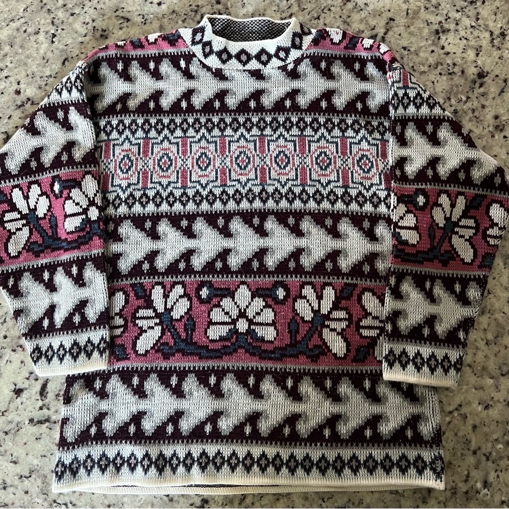 Vintage Mock Neck Patterned Floral Sweater Women’s M